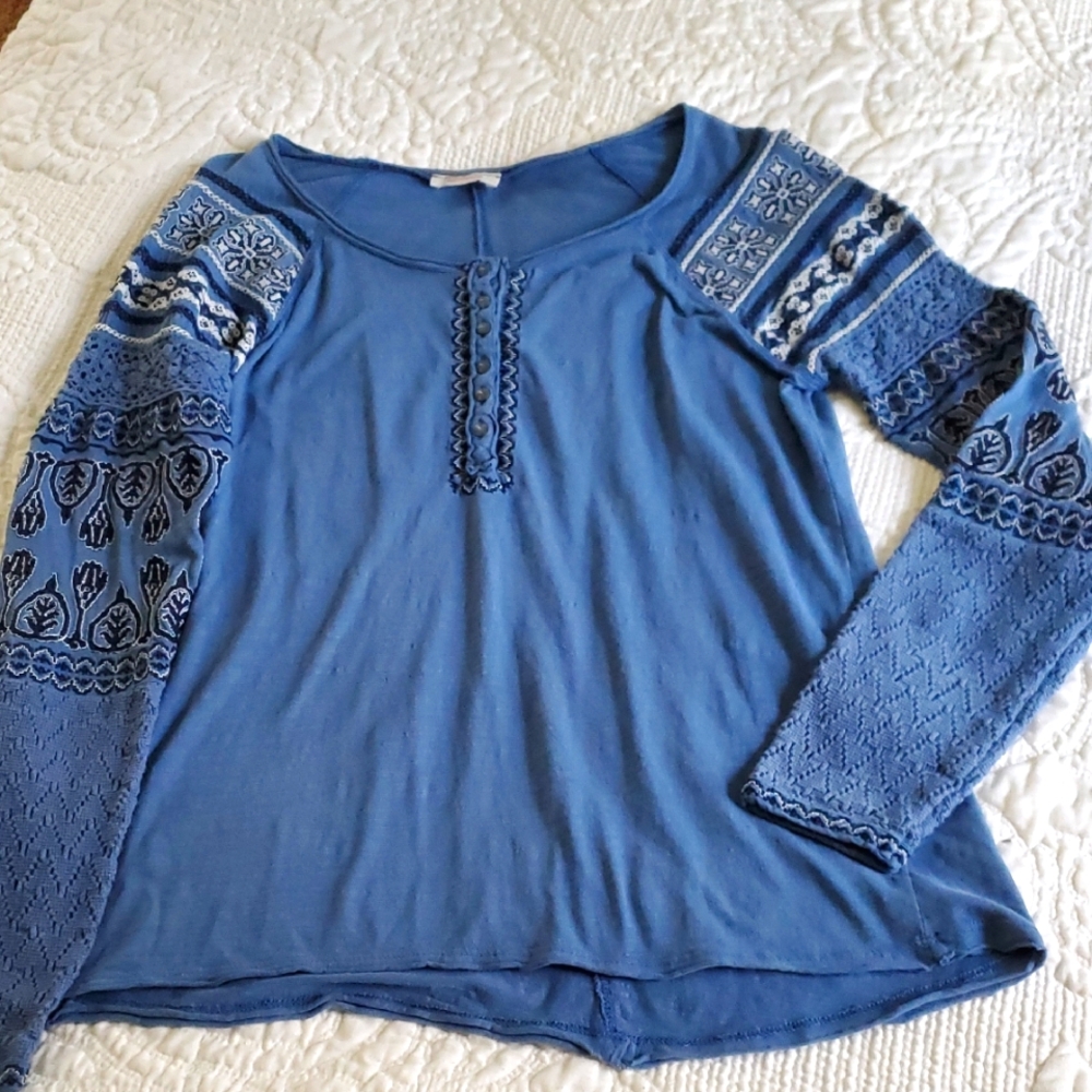 Sundance Boho Blue Cotton Knit Embroidered Women's Top L